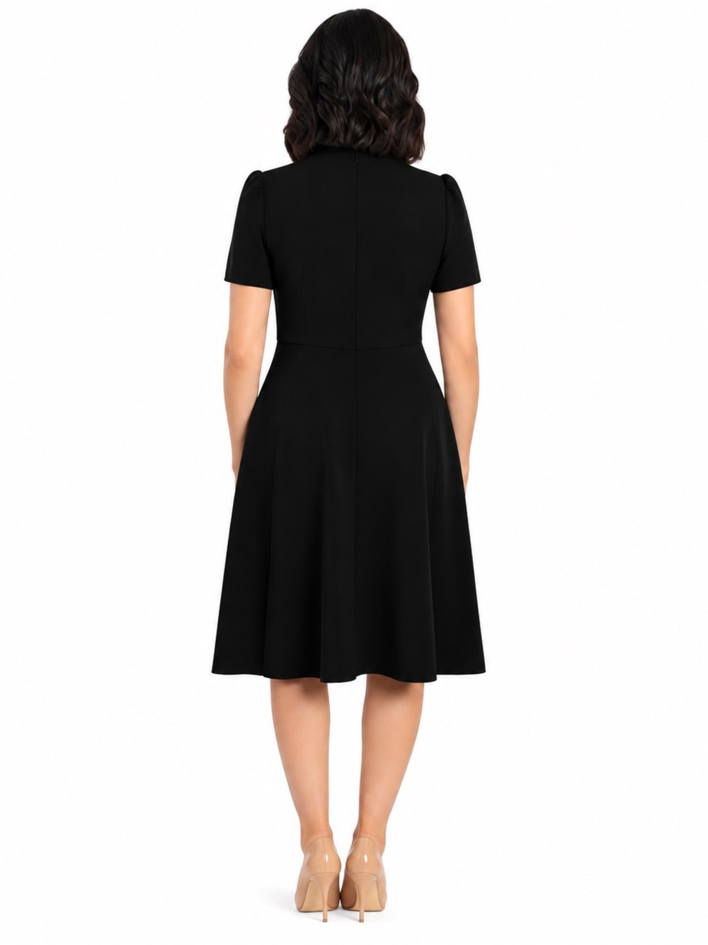 Maggy London Black Tie Neck A-Line Midi Career Dress Pockets Size 6 NWT - Picture 2 of 11